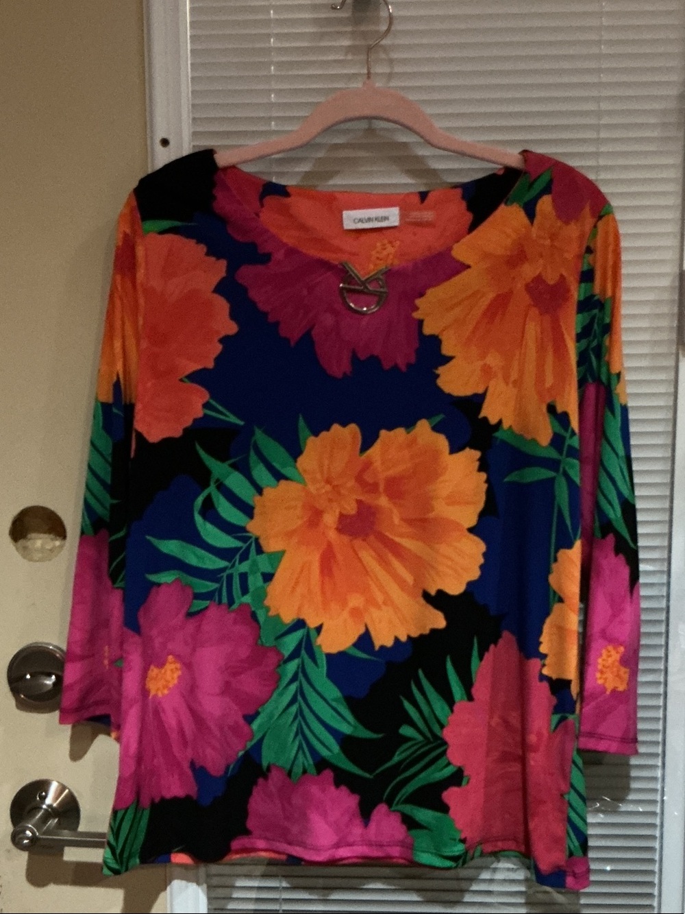 Women's Floral Scoop Neck Top in Navy with Orange & Pink Blooms